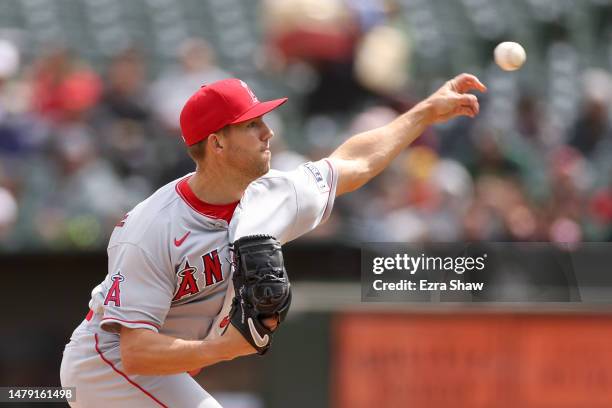 Tyler Anderson of the Los Angeles Angels pitches against the Oakland Athletics in the first inning at RingCentral Coliseum on April 02, 2023 in...