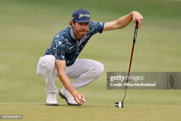 Sam Ryder of the United States lines up a putt on the 14th green during the final round of the Valero Texas Open at TPC San Antonio on April 02, 2023...