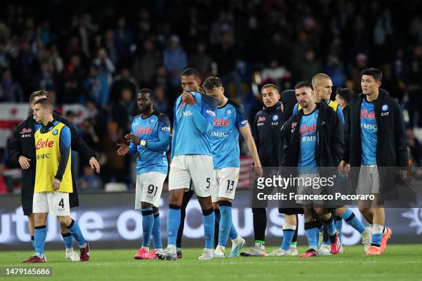 Napoli players show their disappointment after the Serie A match between SSC Napoli and AC Milan at Stadio Diego Armando Maradona on April 02, 2023...