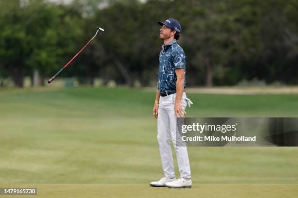 Sam Ryder of the United States reacts after missing a putt on the 14th green during the final round of the Valero Texas Open at TPC San Antonio on...