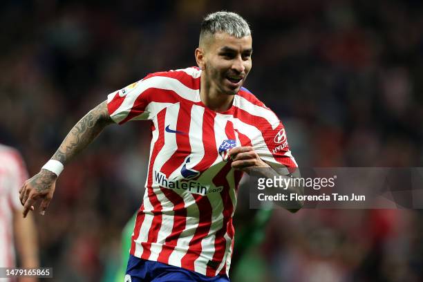 Angel Correa of Atletico Madrid celebrates after scoring the team's first goal during the LaLiga Santander match between Atletico de Madrid and Real...