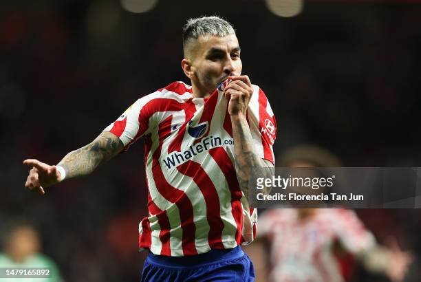 Angel Correa of Atletico Madrid celebrates after scoring the team's first goal during the LaLiga Santander match between Atletico de Madrid and Real...