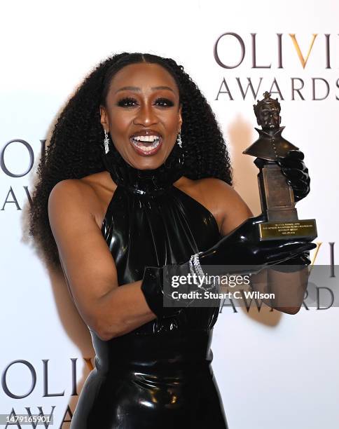 Beverley Knight, winner of the Best Supporting Actress in a Musical award for "Sylvia", poses in the winner's room during The Olivier Awards 2023 at...