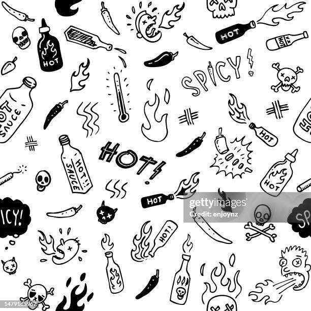 ilustrações, clipart, desenhos animados e ícones de doodles de molho picante sem costura - hot flame