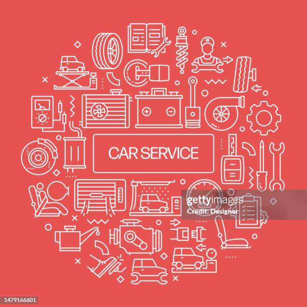 car service web banner with linear icons, trendy linear style vector - auto repair shop background stock illustrations