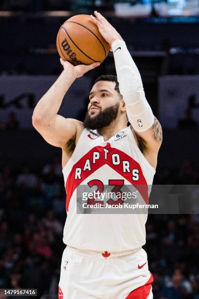 Fred VanVleet of the Toronto Raptors shoots the ball against the Charlotte Hornets during their game at Spectrum Center on April 02, 2023 in...