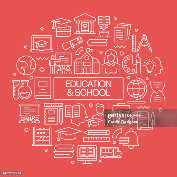 education and school web banner with linear icons, trendy linear style vector - elementary school background stock illustrations