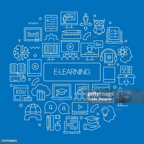 e-learning web banner with linear icons, trendy linear style vector - students learning computer programming stock illustrations