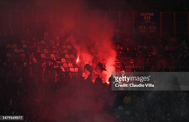 Fans of AC Milan during the Serie A match between SSC Napoli and AC Milan at Stadio Diego Armando Maradona on April 02, 2023 in Naples, Italy.
