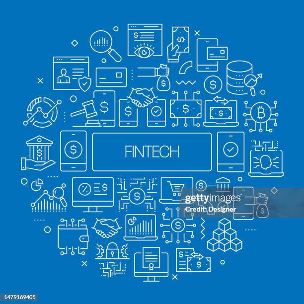 stockillustraties, clipart, cartoons en iconen met fintech web banner with linear icons, trendy linear style vector - financial technology