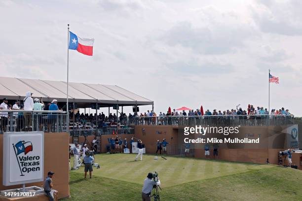 General view as Corey Conners of Canada plays his shot from the 16th tee during the final round of the Valero Texas Open at TPC San Antonio on April...