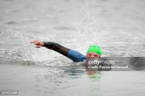 Age group athletes compete in the swim course at IRONMAN 70.3 Texas on April 02, 2023 in Galveston, Texas.