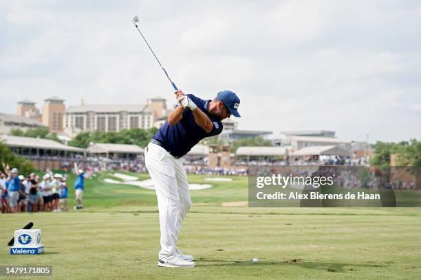 Corey Conners of Canada plays his shot from the 16th tee during the final round of the Valero Texas Open at TPC San Antonio on April 02, 2023 in San...