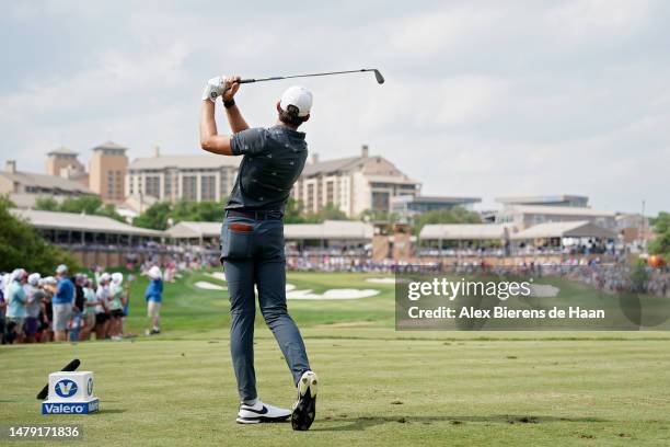 Patrick Rodgers of the United States plays his shot from the 16th tee during the final round of the Valero Texas Open at TPC San Antonio on April 02,...