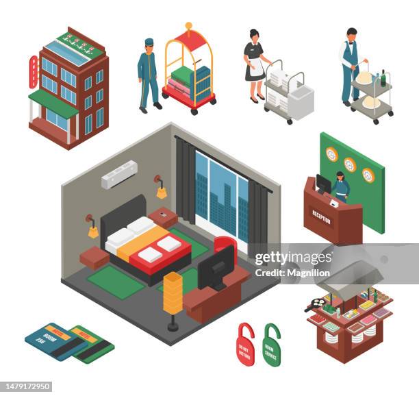 hotel and hotel service isometric vector set - isometric building entrance stock illustrations