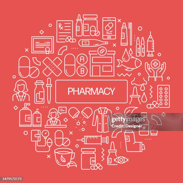 pharmacy web banner with linear icons, trendy linear style vector - pharmacy background stock illustrations