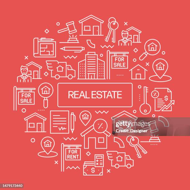 real estate web banner with linear icons, trendy linear style vector - moving out stock illustrations