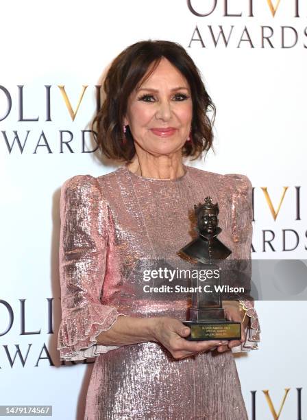 Dame Arlene Phillips, winner of the Special Award, poses in the winner's room during The Olivier Awards 2023 at the Royal Albert Hall on April 02,...