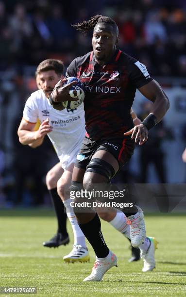 Maro Itoje of Saracens charges upfield during the Heineken Champions Cup match between Saracens and Ospreys at the StoneX Stadium on April 02, 2023...
