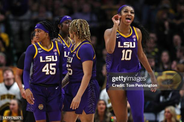 Angel Reese of the LSU Lady Tigers reacts during the fourth quarter against the Iowa Hawkeyes during the 2023 NCAA Women's Basketball Tournament...