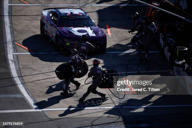 Alex Bowman, driver of the Ally Chevrolet, pits during the NASCAR Cup Series Toyota Owners 400 at Richmond Raceway on April 02, 2023 in Richmond,...