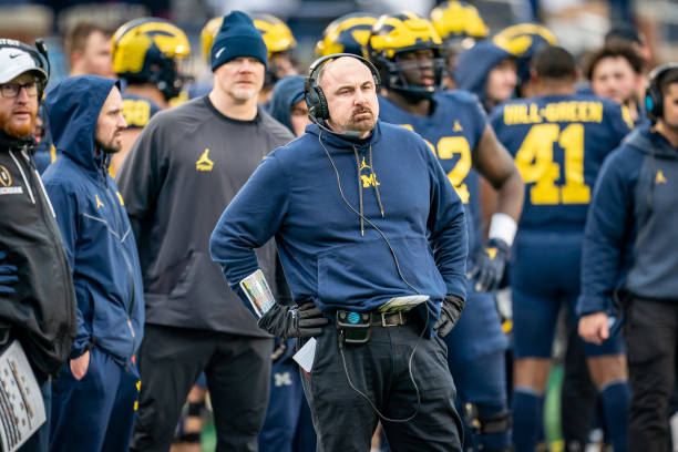 Linebackers Coach Chris Partridge looks on during the fourth quarter of the Michigan Football spring game at Michigan Stadium on April 1, 2023 in Ann...