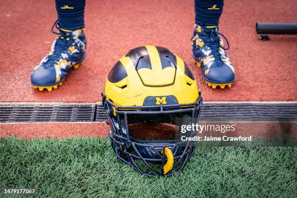 Michigan Football helmet rests on the ground following the spring football game at Michigan Stadium on April 1, 2023 in Ann Arbor, Michigan.