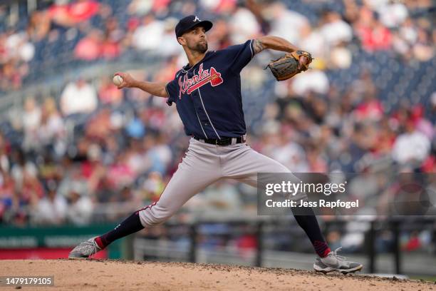 Nick Anderson of the Atlanta Braves pitches against the Washington Nationals at Nationals Park on April 01, 2023 in Washington, DC.