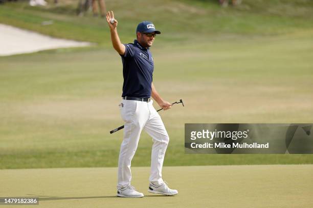 Corey Conners of Canada celebrates on the 18th green after winning the Valero Texas Open at TPC San Antonio on April 02, 2023 in San Antonio, Texas.