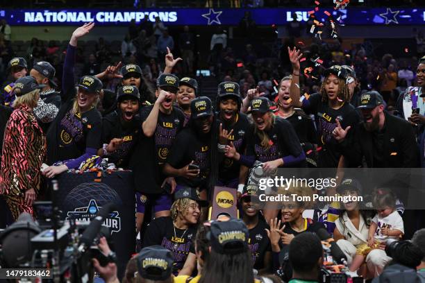 Angel Reese of the LSU Lady Tigers and teammates celebrate after defeating the Iowa Hawkeyes 102-85 during the 2023 NCAA Women's Basketball...