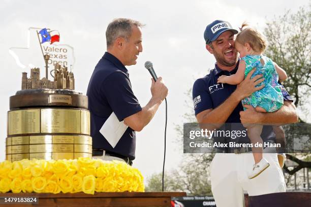 Corey Conners of Canada is interviewed after winning the Valero Texas Open at TPC San Antonio on April 02, 2023 in San Antonio, Texas.