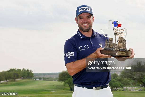 Corey Conners of Canada poses with the trophy after winning the Valero Texas Open at TPC San Antonio on April 02, 2023 in San Antonio, Texas.