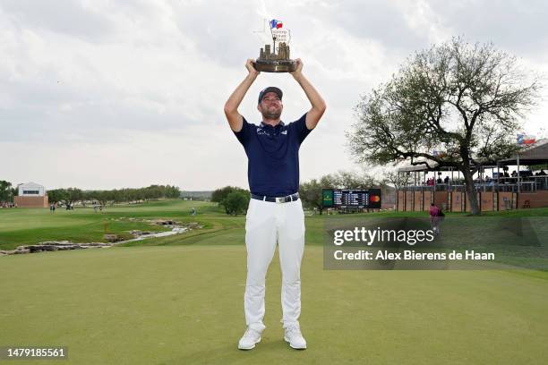 Corey Conners of Canada poses with the trophy after winning the Valero Texas Open at TPC San Antonio on April 02, 2023 in San Antonio, Texas.