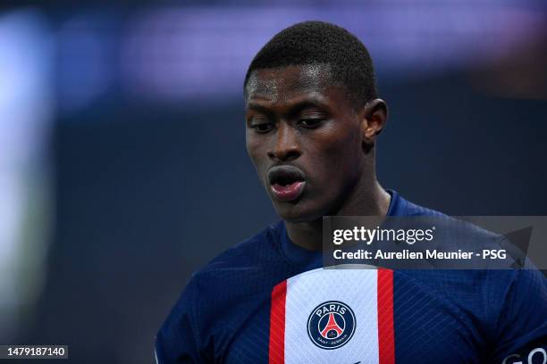 Nuno Mendes of Paris Saint Germain looks on during the Ligue 1 match between Paris Saint-Germain and Olympique Lyon at Parc des Princes on April 02,...