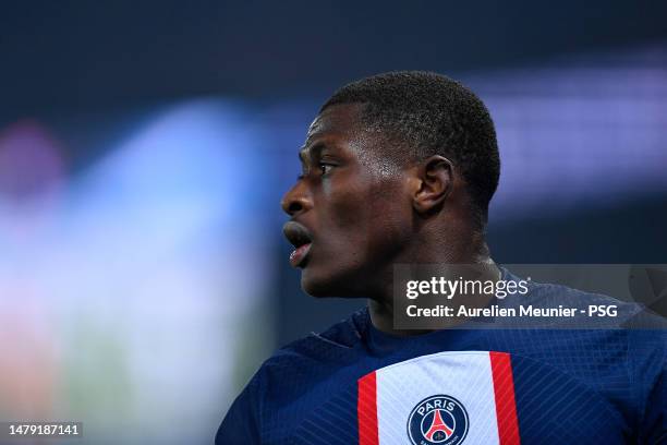 Nuno Mendes of Paris Saint Germain looks on during the Ligue 1 match between Paris Saint-Germain and Olympique Lyon at Parc des Princes on April 02,...