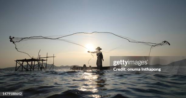 mode de vie de l’homme pêcheur sur le bateau de pêche en lançant un filet de pêche, silhouette pêcheur lançant un filet chasser le poisson du réservoir - pêcheur photos et images de collection