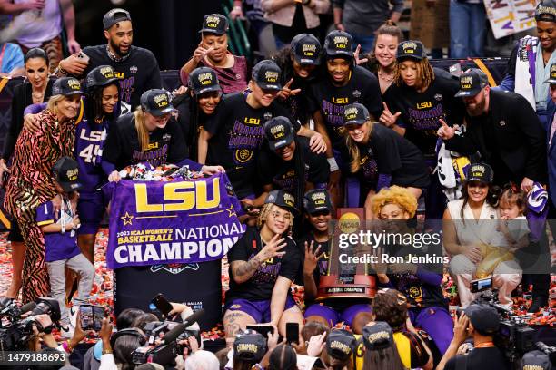 Head coach Kim Mulkey of the LSU Lady Tigers and players pose after defeating the Iowa Hawkeyes 102-85 during the 2023 NCAA Women's Basketball...