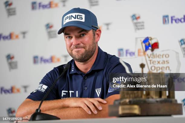 Corey Conners of Canada speaks to the media after winning the Valero Texas Open at TPC San Antonio on April 02, 2023 in San Antonio, Texas.