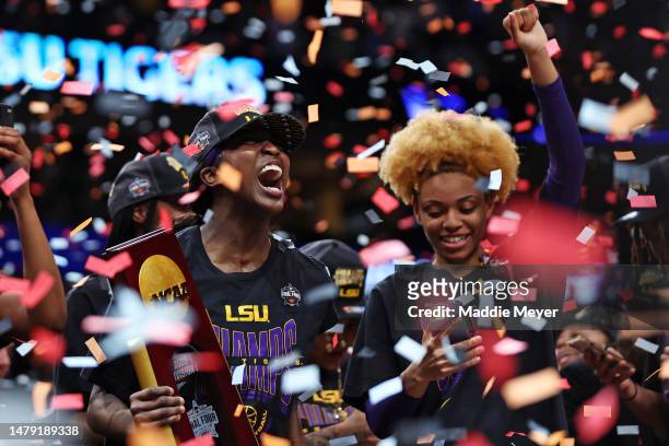 Jasmine Carson of the LSU Lady Tigers reacts after defeating the Iowa Hawkeyes 102-85 during the 2023 NCAA Women's Basketball Tournament championship...