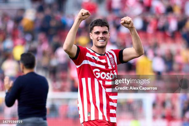 Miguel Gutierrez of Girona FC celebrates the victory following the LaLiga Santander match between Girona FC and RCD Espanyol at Montilivi Stadium on...