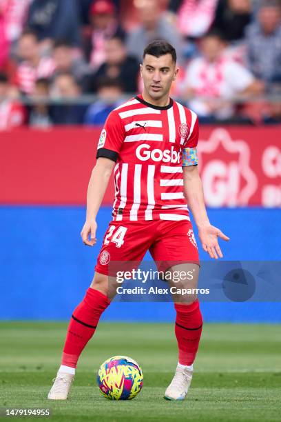 Borja Garcia of Girona FC runs with the ball during the LaLiga Santander match between Girona FC and RCD Espanyol at Montilivi Stadium on April 01,...