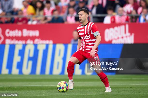 Borja Garcia of Girona FC runs with the ball during the LaLiga Santander match between Girona FC and RCD Espanyol at Montilivi Stadium on April 01,...