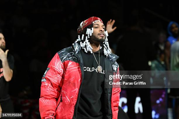 Rapper Armani White performs during the Dallas Mavericks and the Atlanta Hawks at State Farm Arena on April 02, 2023 in Atlanta, Georgia.