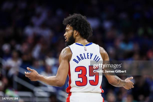 Marvin Bagley III of the Detroit Pistons reacts to a call during the first half of a game against the Orlando Magic at the Amway Center on April 02,...