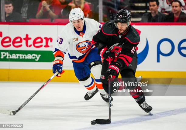Shayne Gostisbehere of the Carolina Hurricanes skates during the second period against the New York Islanders at PNC Arena on April 02, 2023 in...
