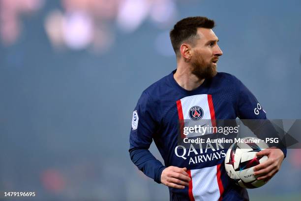 Leo Messi of Paris Saint Germain looks on during the Ligue 1 match between Paris Saint-Germain and Olympique Lyon at Parc des Princes on April 02,...