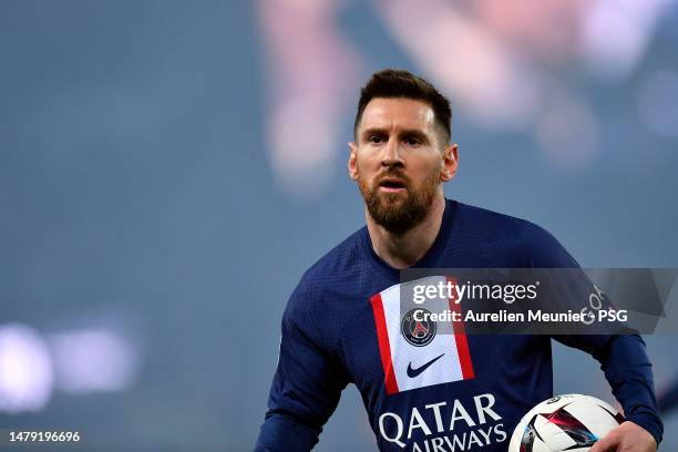 Leo Messi of Paris Saint Germain looks on during the Ligue 1 match between Paris Saint-Germain and Olympique Lyon at Parc des Princes on April 02,...