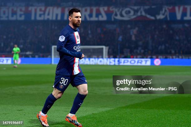 Leo Messi of Paris Saint Germain looks on during the Ligue 1 match between Paris Saint-Germain and Olympique Lyon at Parc des Princes on April 02,...