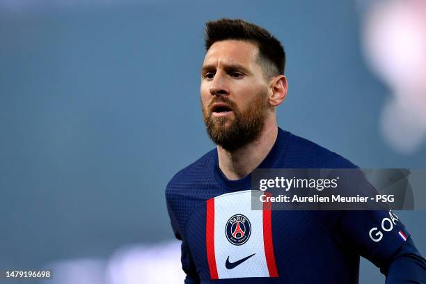 Leo Messi of Paris Saint Germain looks on during the Ligue 1 match between Paris Saint-Germain and Olympique Lyon at Parc des Princes on April 02,...