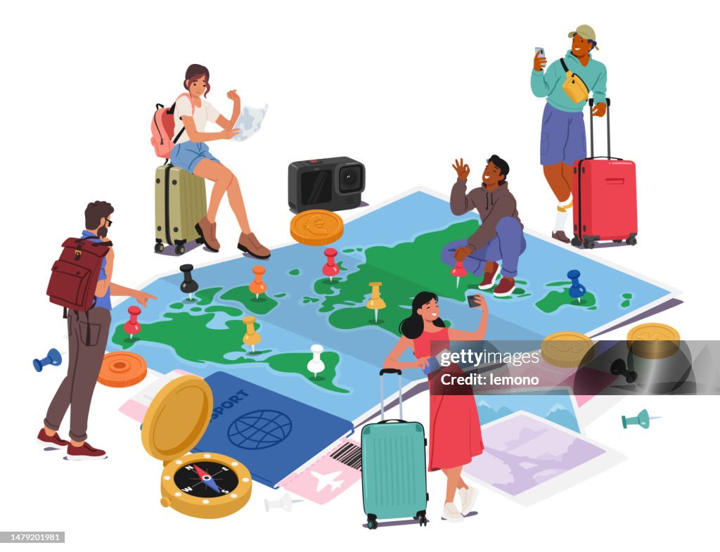 Group Of People Gather Around Huge World Map, Pointing Out Locations And Discussing Travel Plans Vector Illustration